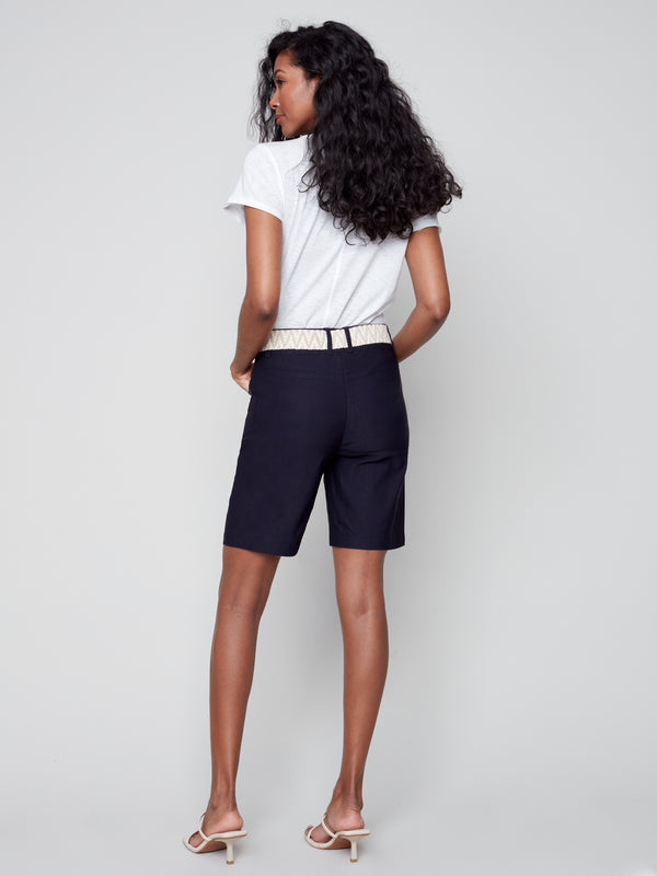 Belted Solid Stretch Shorts- Marine