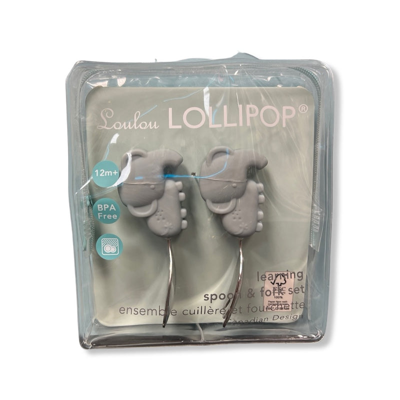 silicone handle learning spoon and fork set by lou lou lollipop in elephant