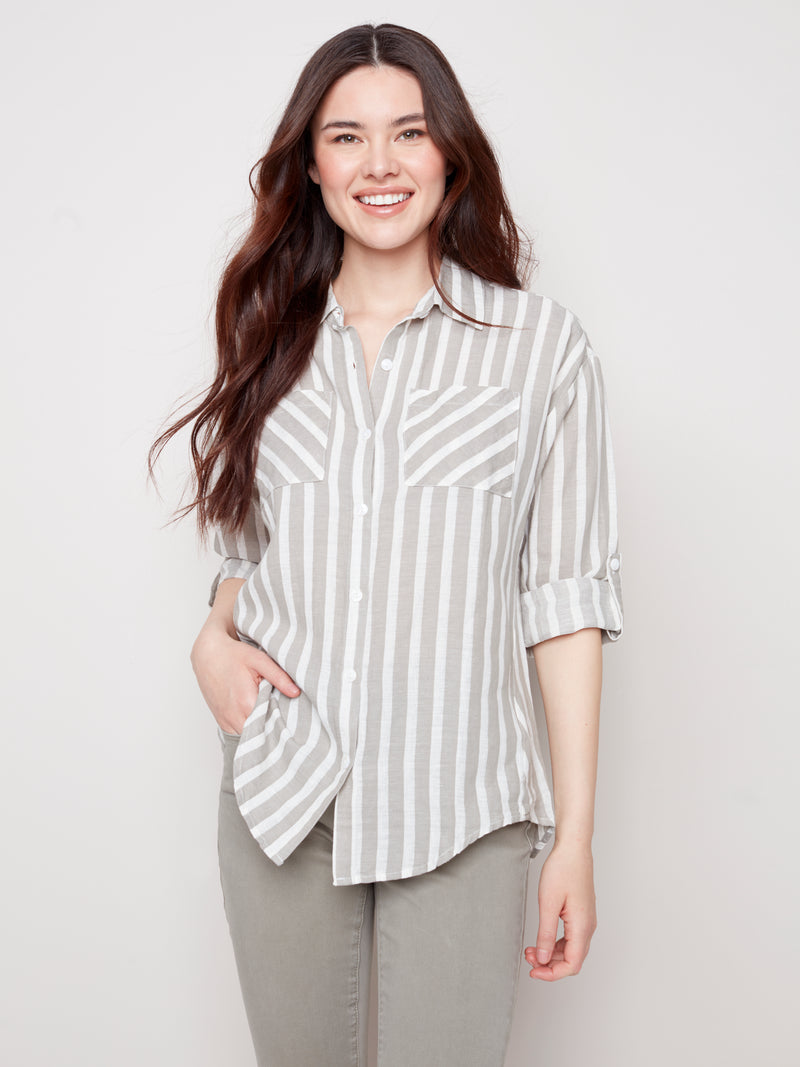 Button Front Shirt- Striped Roll Sleeve Style- Celadon | Charlie B