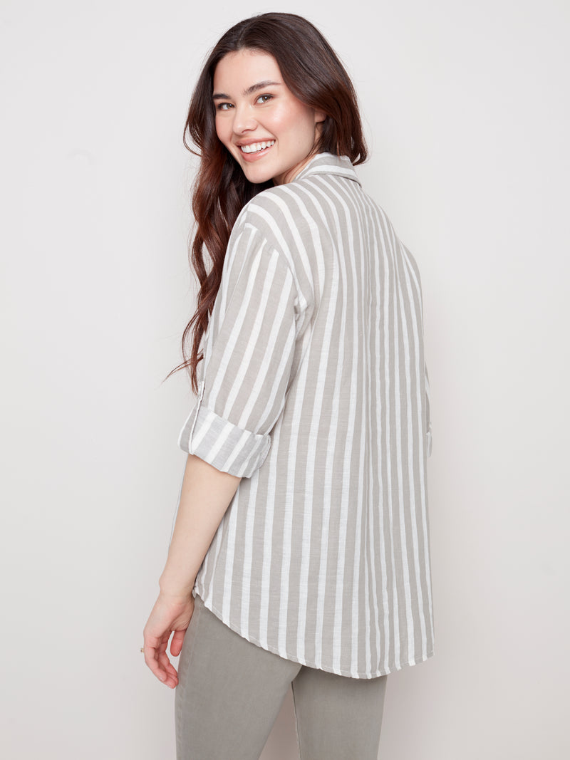 Button Front Shirt- Striped Roll Sleeve Style- Celadon | Charlie B