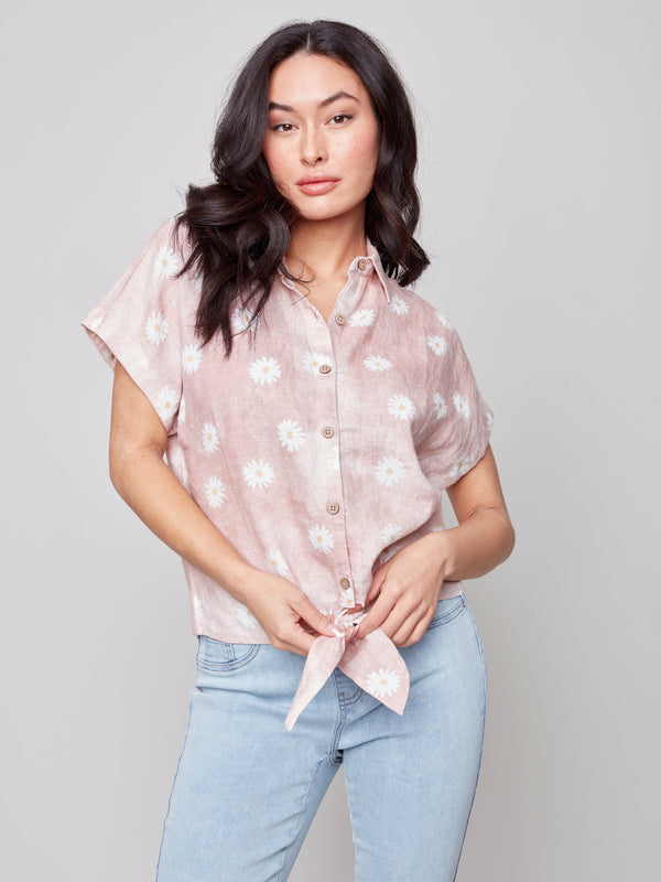 Front Tie Button-Up Linen Top- Peony