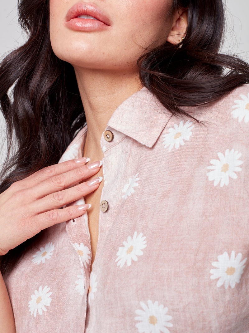 Front Tie Button-Up Linen Top- Peony