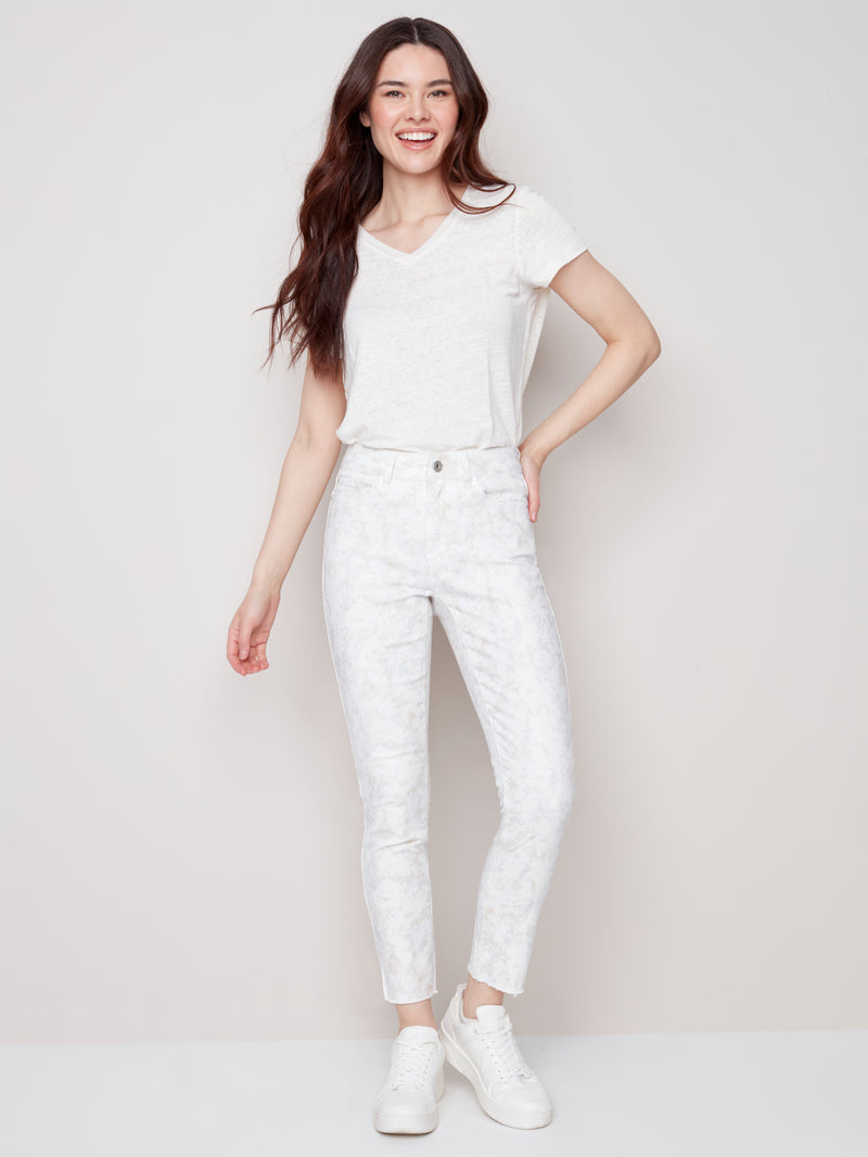 Twill Pants With Hem Detail- Roses