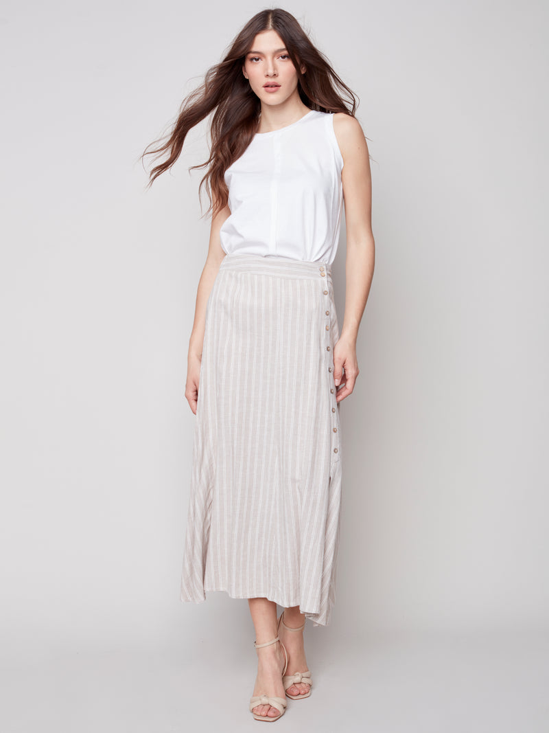 Long Linen Skirt Side Button- Natural