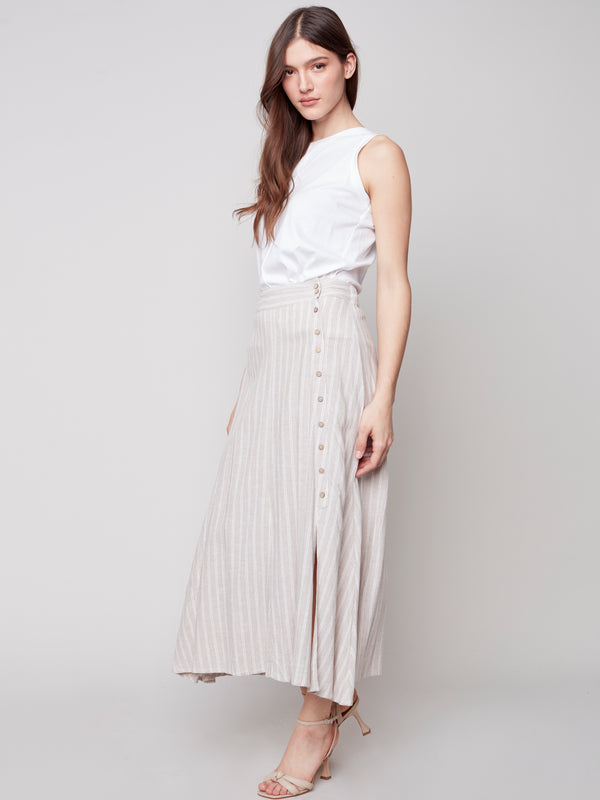 Long Linen Skirt Side Button- Natural