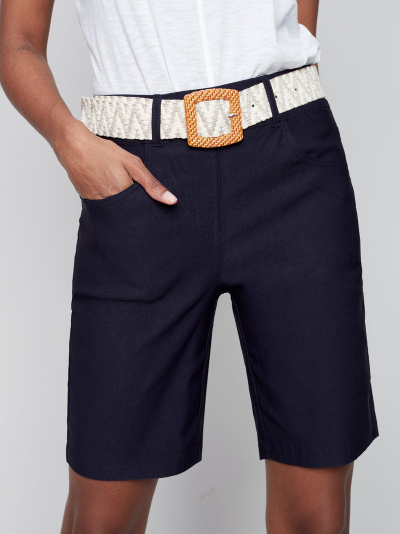 Belted Solid Stretch Shorts- Marine