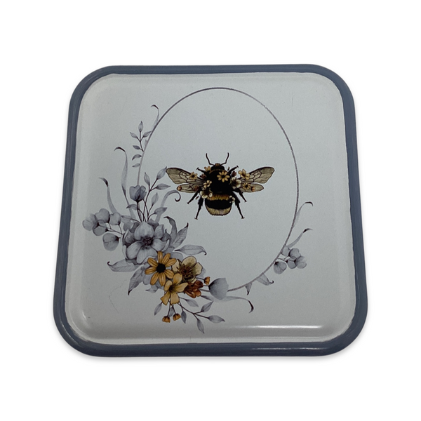 Decorative Bee Tin Plaque- Enamelled with Grey Border